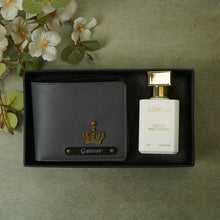 Load image into Gallery viewer, Personalised 2-in-1 Leather’s Wallet with Engraved Black Plate With Name and Charm and Perfume For Boyfriend, Husband & Father On Birthday and Anniversary