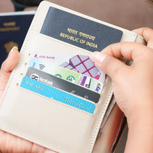 Load image into Gallery viewer, Personalized Family Passport Organizer for 3 Passports | Custom Name Travel Document Wallet with 8 Card Slots, Cash Pocket, Boarding Pass Holder & Secure Closure