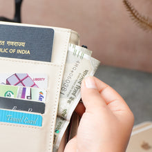 Load image into Gallery viewer, Personalized Family Passport Organizer for 3 Passports | Custom Name Travel Document Wallet with 8 Card Slots, Cash Pocket, Boarding Pass Holder & Secure Closure