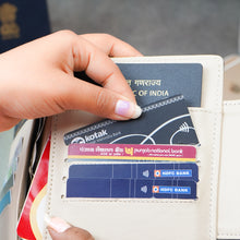 Load image into Gallery viewer, Personalized Family Passport Organizer for 3 Passports | Custom Name Travel Document Wallet with 8 Card Slots, Cash Pocket, Boarding Pass Holder & Secure Closure