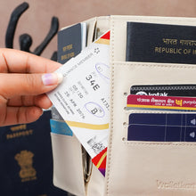 Load image into Gallery viewer, Personalized Family Passport Organizer for 3 Passports | Custom Name Travel Document Wallet with 8 Card Slots, Cash Pocket, Boarding Pass Holder & Secure Closure