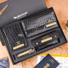 Load image into Gallery viewer, Personalized Croco Texture Gift Set for Women with Custom Name | 4-in-1 Premium Clutch, Passport Holder, Eyeglass Case & Keychain