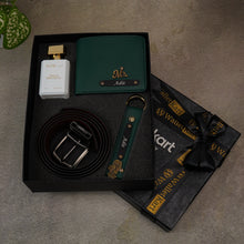 Load image into Gallery viewer, Personalized Leather Men's Wallet,Keychain,Belt,Parfume Engraved Black Name Plate With Name and Charm | Customised 4 In 1 Gift Combo For Boyfriend Husband & Father On Birthday and Anniversary