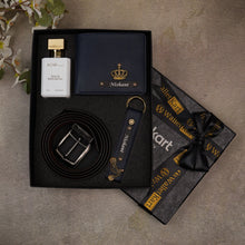 Load image into Gallery viewer, Personalized Leather Men's Wallet,Keychain,Belt,Parfume Engraved Black Name Plate With Name and Charm | Customised 4 In 1 Gift Combo For Boyfriend Husband & Father On Birthday and Anniversary