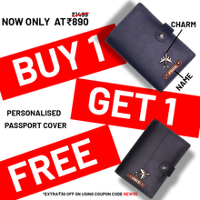 Load image into Gallery viewer, Premium Couple Passport Cover Gift Set – Personalized with Name & Charm on Leather Strip with Golden Foil