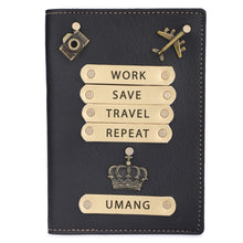 Load image into Gallery viewer, Personalized Leather Name Passport Cover with Charm for Men (WORK SAVE TRAVEL REPEAT)