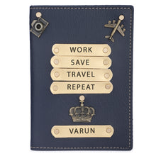 Load image into Gallery viewer, Personalized Leather Name Passport Cover with Charm for Men (WORK SAVE TRAVEL REPEAT)