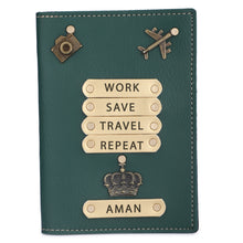 Load image into Gallery viewer, Personalized Leather Name Passport Cover with Charm for Men (WORK SAVE TRAVEL REPEAT)