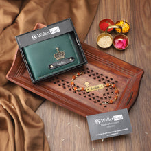 Load image into Gallery viewer, Personalized Leather Name Wallet for Men with Rudraksh Rakhi – A Thoughtful Gift for Brothers
