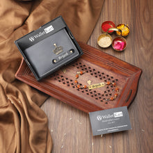 Load image into Gallery viewer, Personalized Leather Name Wallet for Men with Rudraksh Rakhi – A Thoughtful Gift for Brothers