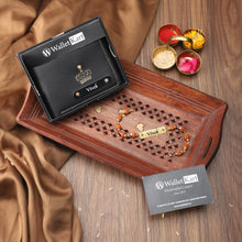 Load image into Gallery viewer, Personalized Leather Name Wallet for Men with Rudraksh Rakhi – A Thoughtful Gift for Brothers