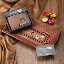 Load image into Gallery viewer, Personalized Leather Name Wallet for Men with Rudraksh Rakhi – A Thoughtful Gift for Brothers