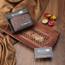 Load image into Gallery viewer, Personalized Leather Name Wallet for Men with Rudraksh Rakhi – A Thoughtful Gift for Brothers