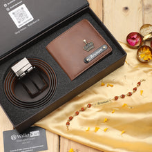 Load image into Gallery viewer, Raksha Bandhan Gift Set – Customized Leather Wallet & Belt for Brother with Rudraksh Rakhi