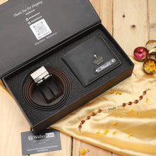 Load image into Gallery viewer, Raksha Bandhan Gift Set – Customized Leather Wallet & Belt for Brother with Rudraksh Rakhi