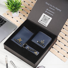Load image into Gallery viewer, Personalized Leather Men's Wallet,Passport Cover,Keychain Engraved Black Name Plate With Name and Charm | Customised 3 In 1 Gift Combo For Boyfriend Husband & Father On Birthday and Anniversary