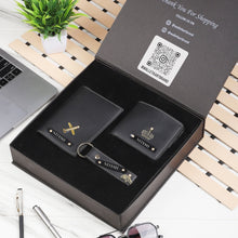 Load image into Gallery viewer, Personalized Leather Men's Wallet,Passport Cover,Keychain Engraved Black Name Plate With Name and Charm | Customised 3 In 1 Gift Combo For Boyfriend Husband & Father On Birthday and Anniversary