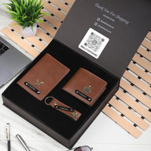 Load image into Gallery viewer, Personalized Leather Men's Wallet,Passport Cover,Keychain Engraved Black Name Plate With Name and Charm | Customised 3 In 1 Gift Combo For Boyfriend Husband & Father On Birthday and Anniversary