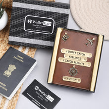 Load image into Gallery viewer, Personalized Leather Passport Cover with Name & Charm (I DONT CATCH FEELING I CATCH FLIGHTS)