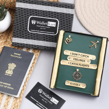 Load image into Gallery viewer, Personalized Leather Passport Cover with Name & Charm (I DONT CATCH FEELING I CATCH FLIGHTS)