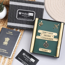 Load image into Gallery viewer, Personalized Leather Passport Cover with Name & Charm (I DONT CATCH FEELING I CATCH FLIGHTS)