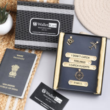 Load image into Gallery viewer, Personalized Leather Passport Cover with Name & Charm (I DONT CATCH FEELING I CATCH FLIGHTS)