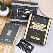 Load image into Gallery viewer, Personalized Leather Passport Cover with Name & Charm (I DONT CATCH FEELING I CATCH FLIGHTS)