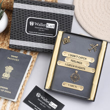 Load image into Gallery viewer, Personalized Leather Passport Cover with Name & Charm (I DONT CATCH FEELING I CATCH FLIGHTS)