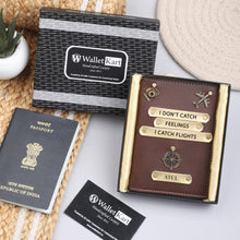Load image into Gallery viewer, Personalized Leather Passport Cover with Name & Charm (I DONT CATCH FEELING I CATCH FLIGHTS)