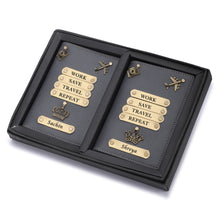 Load image into Gallery viewer, Personalized Leather Couple Passport Cover with Name and Charm (WORK SAVE TRAVEL REPEAT)