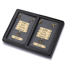 Load image into Gallery viewer, Personalized Leather Couple Passport Cover with Name and Charm (WORK SAVE TRAVEL REPEAT)