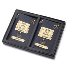 Load image into Gallery viewer, Personalized Leather Couple Passport Cover with Name and Charm (WORK SAVE TRAVEL REPEAT)
