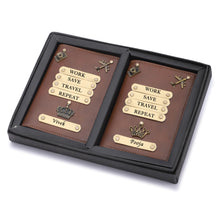 Load image into Gallery viewer, Personalized Leather Couple Passport Cover with Name and Charm (WORK SAVE TRAVEL REPEAT)