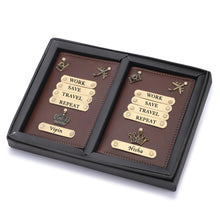 Load image into Gallery viewer, Personalized Leather Couple Passport Cover with Name and Charm (WORK SAVE TRAVEL REPEAT)