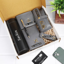 Load image into Gallery viewer, The Grand Leather Gift Set – Customized Wallet Pen Keychain Passport Cover And Eyewear case with Temperature Bottle