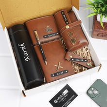 Load image into Gallery viewer, The Grand Leather Gift Set – Customized Wallet Pen Keychain Passport Cover And Eyewear case with Temperature Bottle