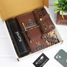 Load image into Gallery viewer, The Grand Leather Gift Set – Customized Wallet Pen Keychain Passport Cover And Eyewear case with Temperature Bottle
