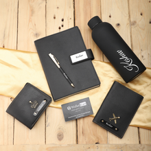 Load image into Gallery viewer, Personalized Leather Men's Wallet,Passport Cover,Pen,Diary,H2GO Bottle Engraved Black Name Plate With Name and Charm | Customised 5 In 1 Gift Combo For Boyfriend Husband & Father On Birthday and Anniversary