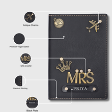 Load image into Gallery viewer, Personalized Leather Name Passport Cover Couple Combo with MR and MRS charm