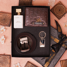Load image into Gallery viewer, Personalized Croco Texture Men's Wallet Parfume and Belt and Keychain | Best Customized 4-IN-1 Gift Combo for Boyfriend Husband Father & Son on Birthday & Anniversary