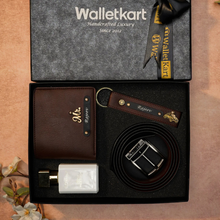 Load image into Gallery viewer, Personalized Leather Men's Wallet,Keychain,Belt,Parfume Engraved Black Name Plate With Name and Charm | Customised 4 In 1 Gift Combo For Boyfriend Husband & Father On Birthday and Anniversary