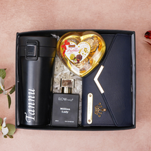 Load image into Gallery viewer, Romantic 4-in-1 Gift Box for Girlfriend | Wife – Personalised Name Clutch, Perfume, Travel Mug & Chocolates for birthday & anniversary