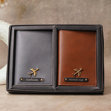 Load image into Gallery viewer, Personalized His & Her Passport Cover Combo with Stylish Charm & Engraved Name on Black Plate