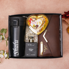 Load image into Gallery viewer, Romantic 4-in-1 Gift Box for Girlfriend | Wife – Personalised Name Clutch, Perfume, Travel Mug & Chocolates for birthday & anniversary