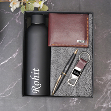 Load image into Gallery viewer, Personalized Handcrafted Name Engraved Wallet , Snaphook, Pen & H2GO Bottle | 4-in-1 Gift Combo – for Boyfriend Husband on Birthday & Anniversary (Style ID #17)