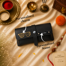 Load image into Gallery viewer, Personalized Wallet, Passport Holder, Eyewear Case, Keychain & Bottle Combo with Custom Name Rudraksha Rakhi | Premium Gift Set for Brother