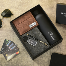 Load image into Gallery viewer, Personalised Handcrafted Wallet Combo | Custom Wallet for Men | Handmade Leather Wallet with Name| (4 IN 1) Men's Gift Combo Set (STYLE ID #15)