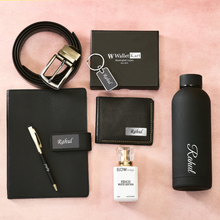 Load image into Gallery viewer, Personalized Genuine Leather Men's Wallet Metal Keychain Belt Pen Diary Perfume and H2GO Bottle | Customised (7 in 1) Gift Combo (STYLE ID #17)
