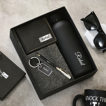 Load image into Gallery viewer, Personalized Genuine Leather Name Men's RFID Wallet Metal Keychain Pen and H2GO Bottle | Customised (4-IN-1 Gift Combo) For Boyfriend Friend on Birthday & Anniversary (STYLE ID #17)