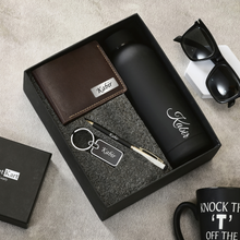 Load image into Gallery viewer, Personalized Genuine Leather Name Men's RFID Wallet Metal Keychain Pen and H2GO Bottle | Customised (4-IN-1 Gift Combo) For Boyfriend Friend on Birthday & Anniversary (STYLE ID #17)